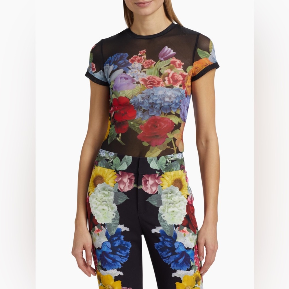 Alice + Olivia Tess Floral Semi-Sheer T-Shirt. Pants also available for sale. - Picture 3 of 9
